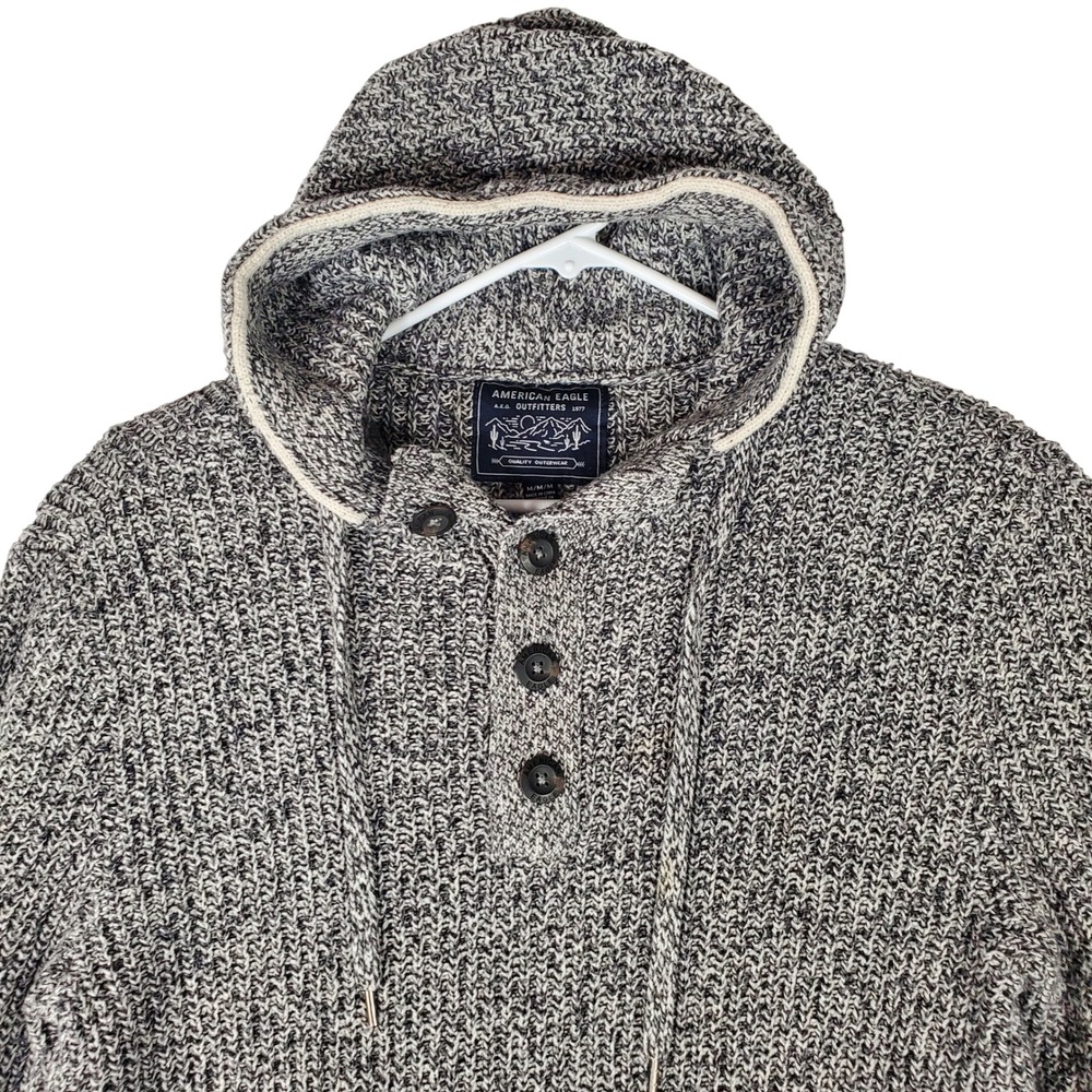 American Eagle Marled Knit Henley Hoodie Sweater Gray White Striped Trim Medium